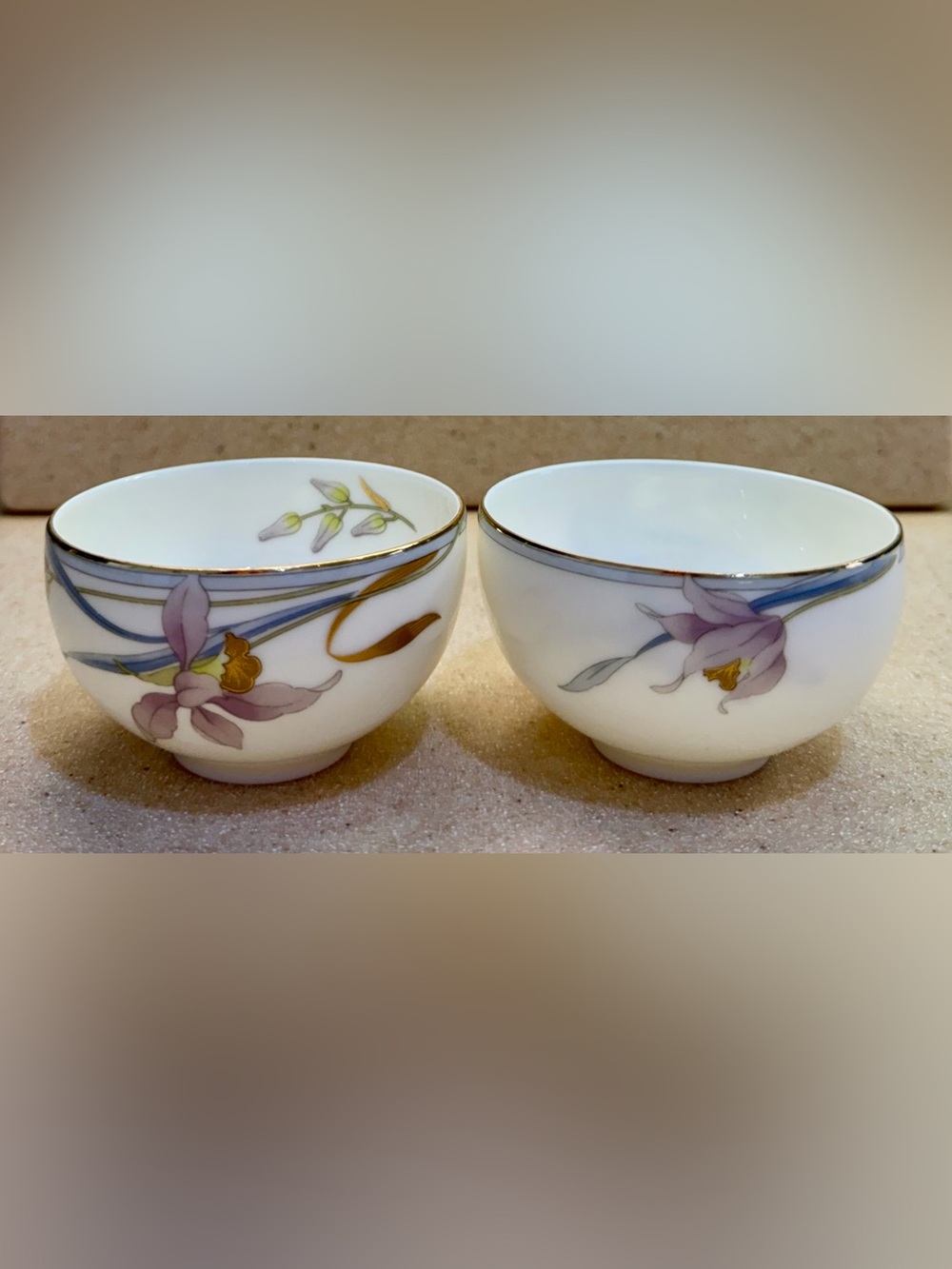 Porcelain Floral Rice Tea Bowls Set of 2 - White  Lavender Orchid Blossoms Gold
